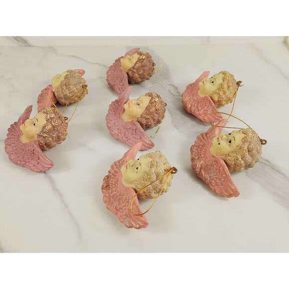 Cherubs Christmas Tree Ornaments Baroque Angels 4 1/2" Pink 80s Blow Mold x7 - Picture 6 of 12